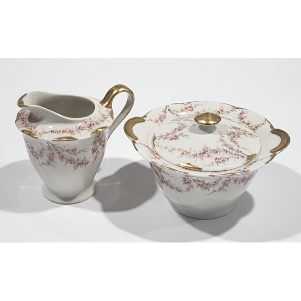 Vtg Theodore Haviland New York Varenne Creamer Covered Sugar Bowl Gold Floral